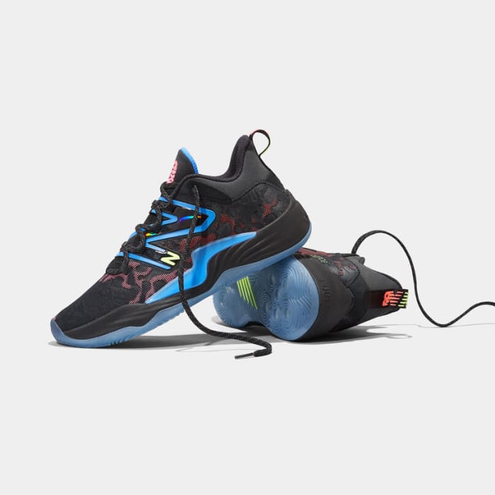 Black and blue New Balance shoes.